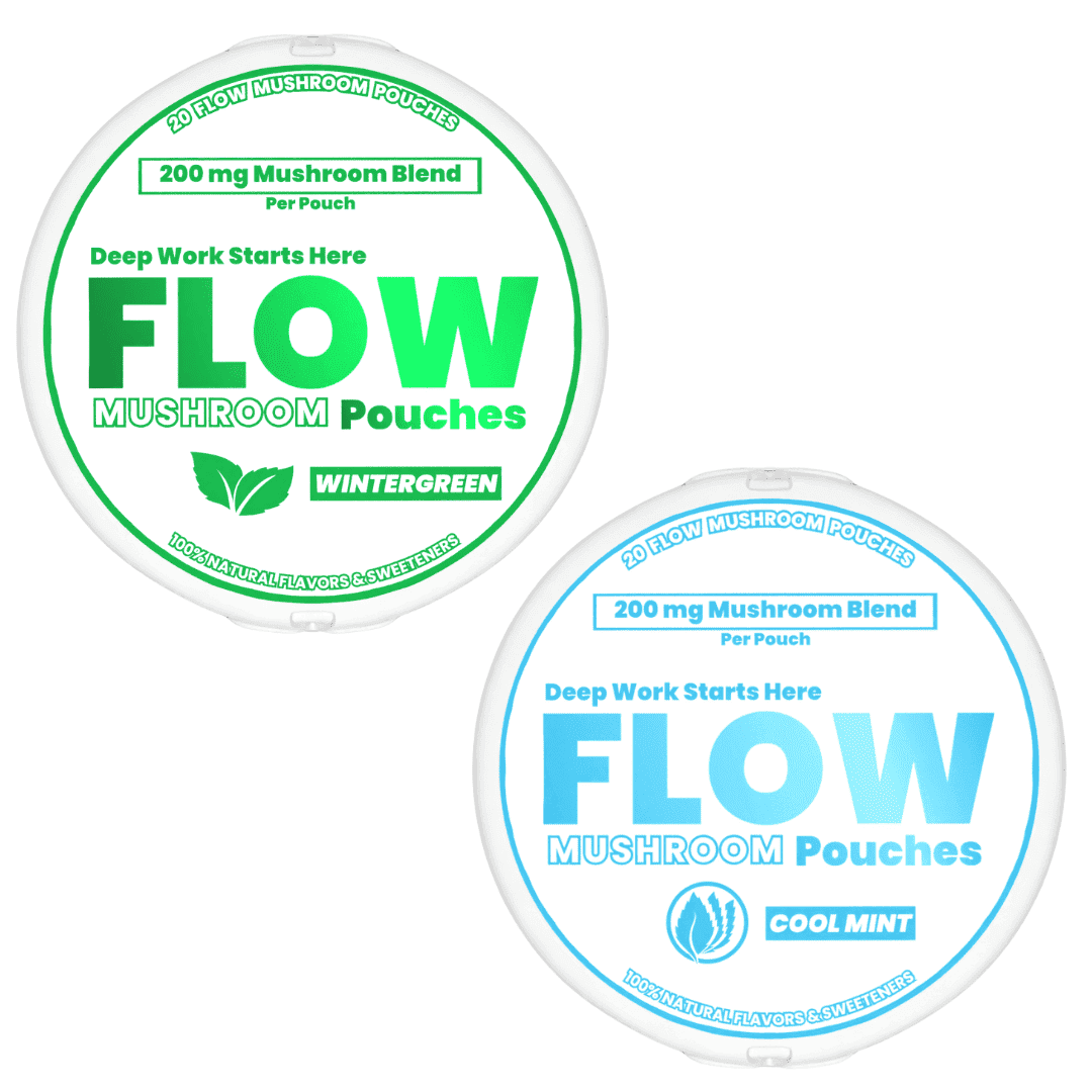 Two circular containers of Flow Mushroom Pouches, 200 mg mushroom blend per pouch.