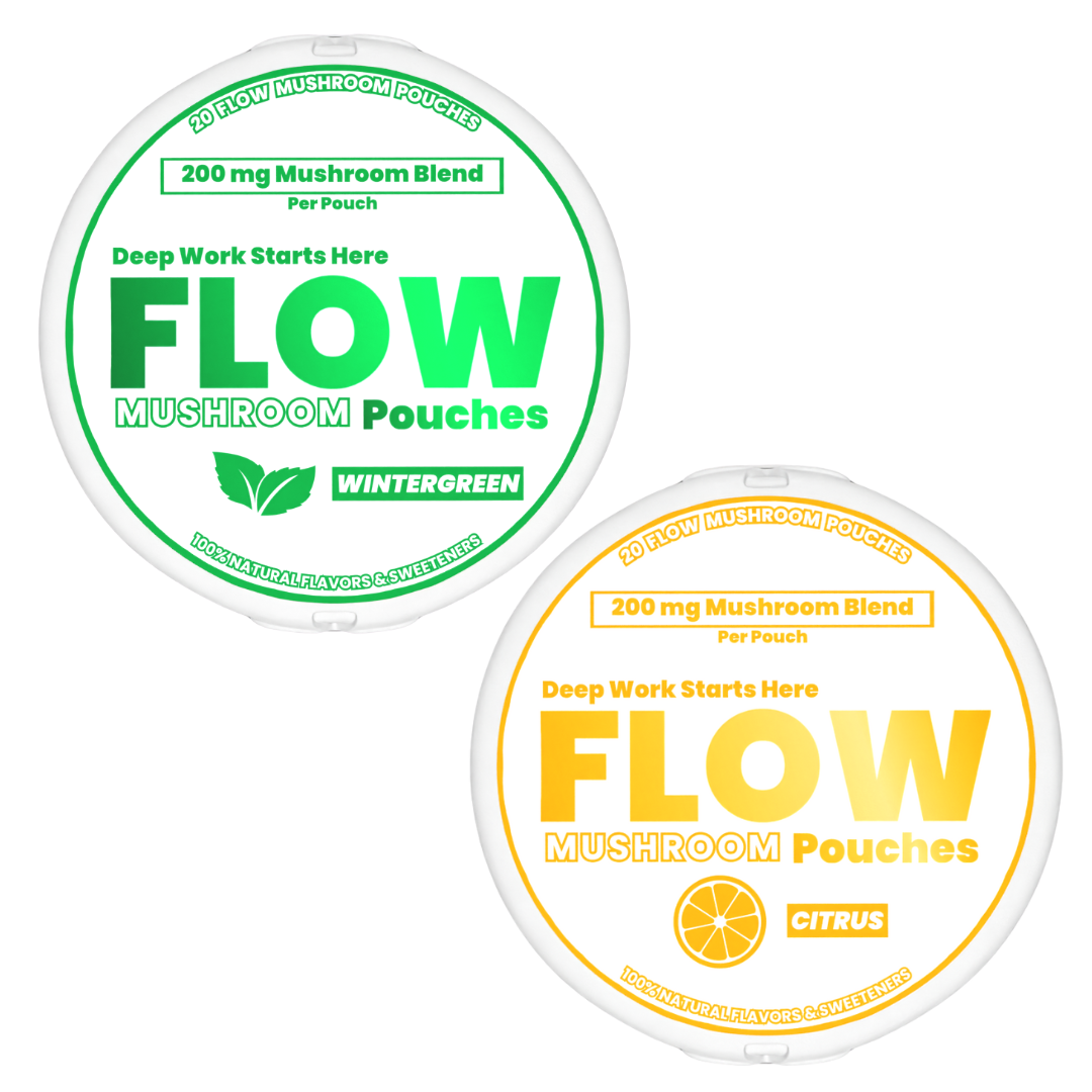 Two containers of Flow Mushroom Pouches, one wintergreen and one citrus, on a white background.