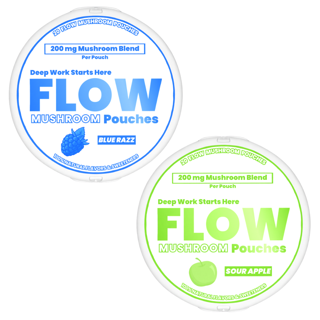 Two containers of Flow Mushroom Pouches, one blue and one green.