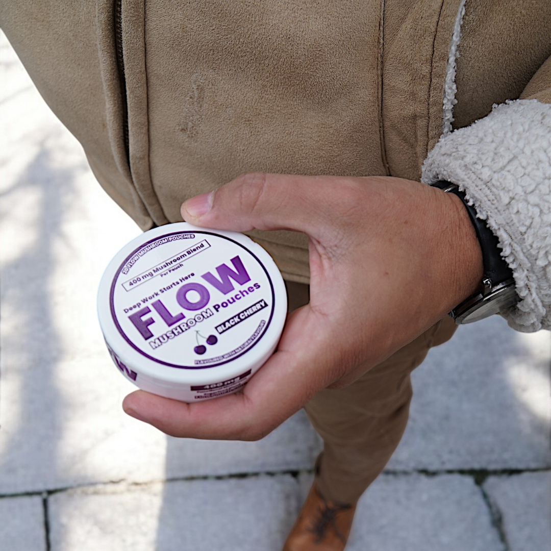 FlowPouches Organic Mushroom Nootropic – Focus, Energy & Productivity Supplement | Functional Chew Pouches for Mental Clarity | 20 Pouches per Can, Pack of 5