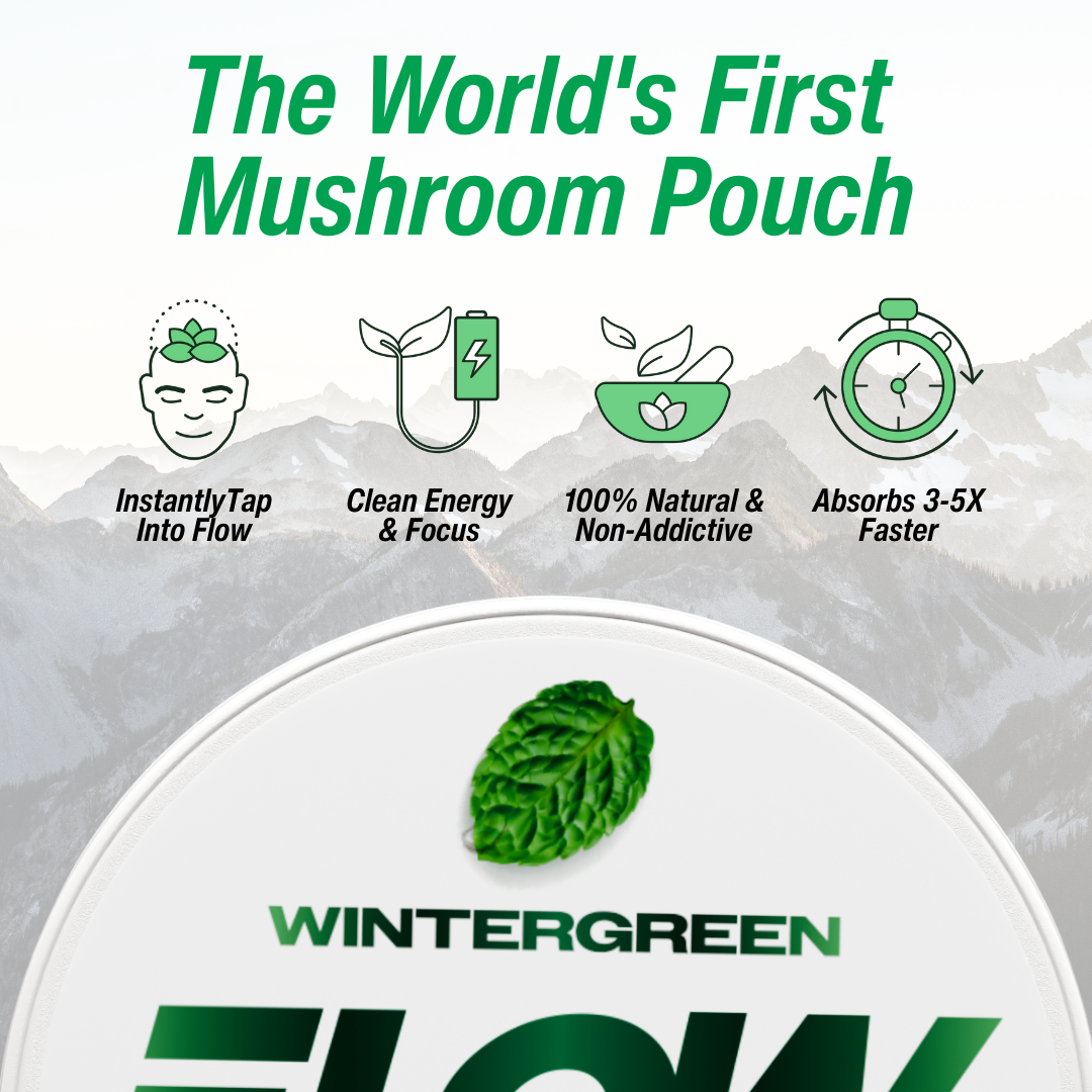 Promotional graphic for 'Flow' wintergreen mushroom pouch with product features and branding.