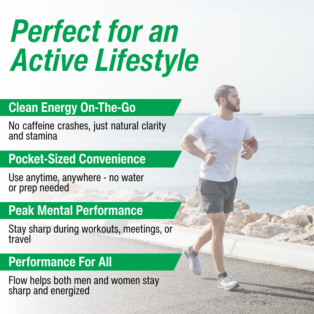 Man running by a waterfront with promotional text about Flow Pouches product benefits.
