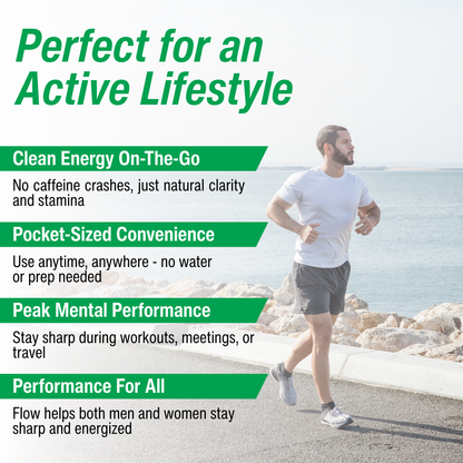Man running by a waterfront with promotional text about Flow Pouches product benefits.