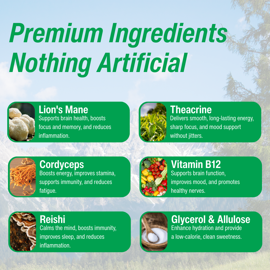 List of premium ingredients of Flow Pouchs with their benefits on a natural background