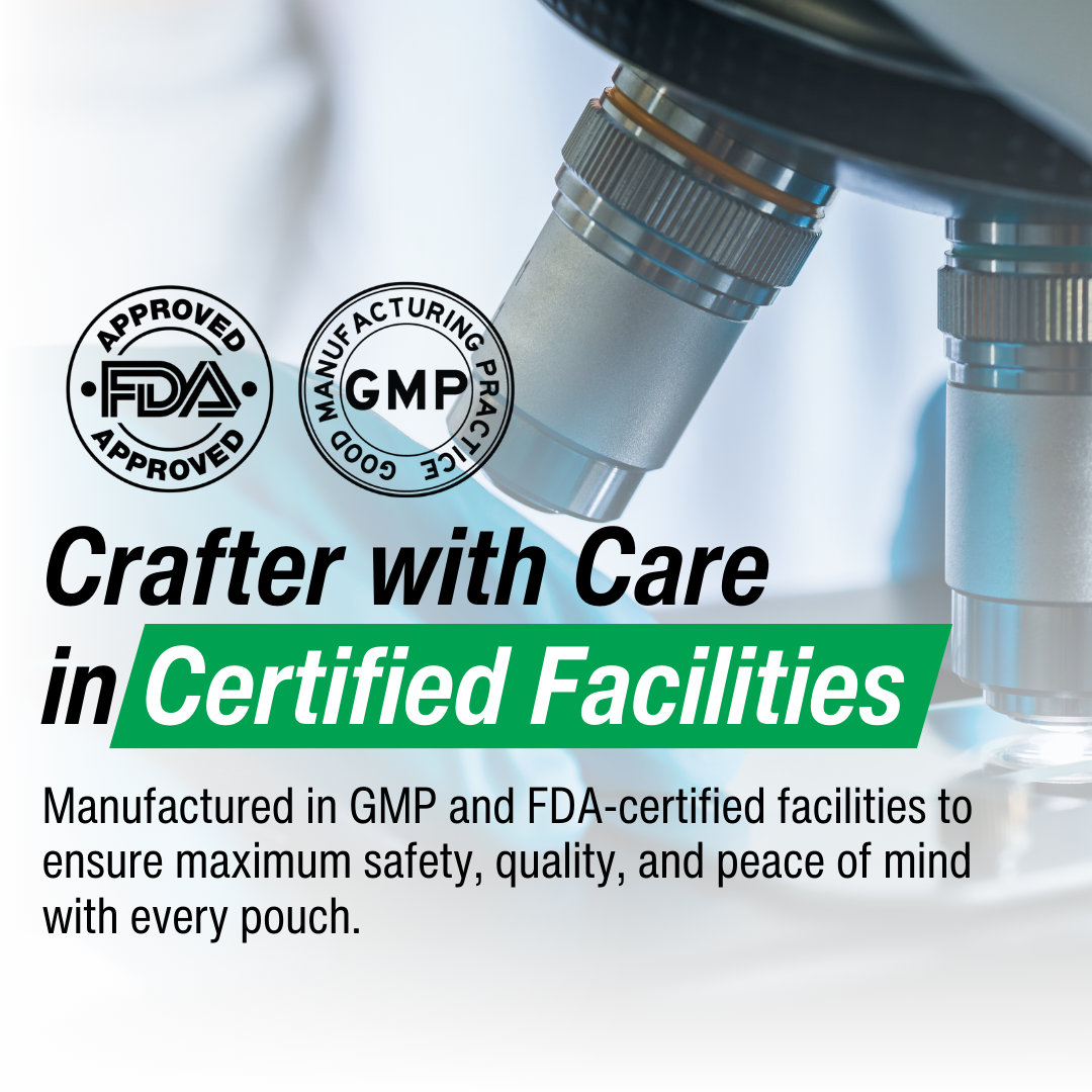 Microscope with FDA and GMP logos and text about certified manufacturing facilities.
