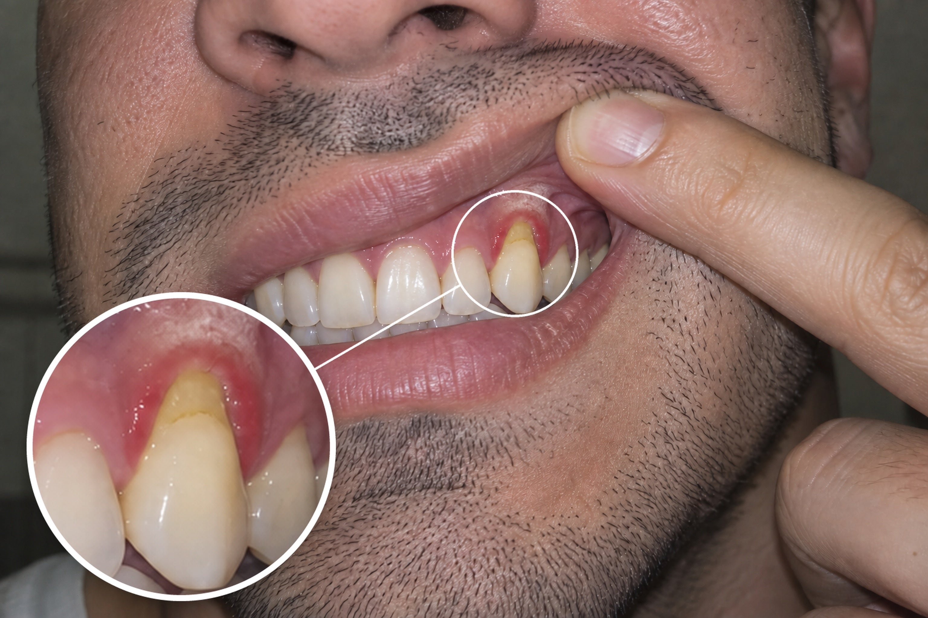 Close-up of red, irritated and receding gums where a nicotine pouch sits
