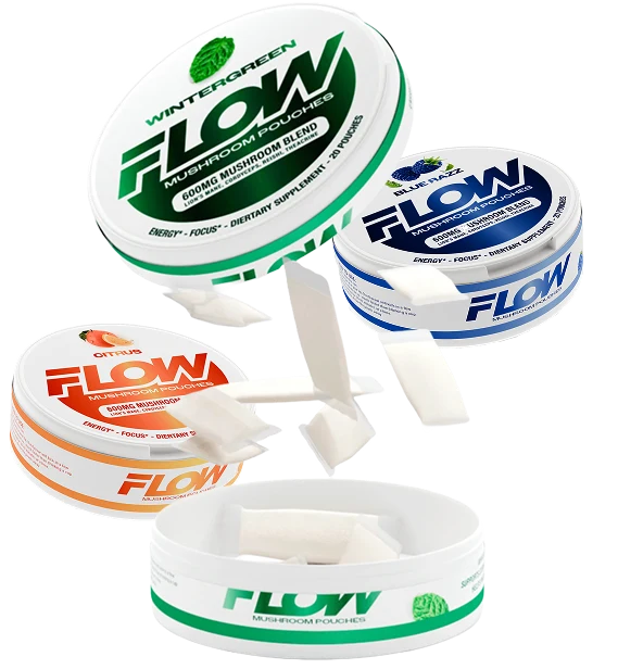 FLOW mushroom pouches in Wintergreen, Blue Razz and Citrus