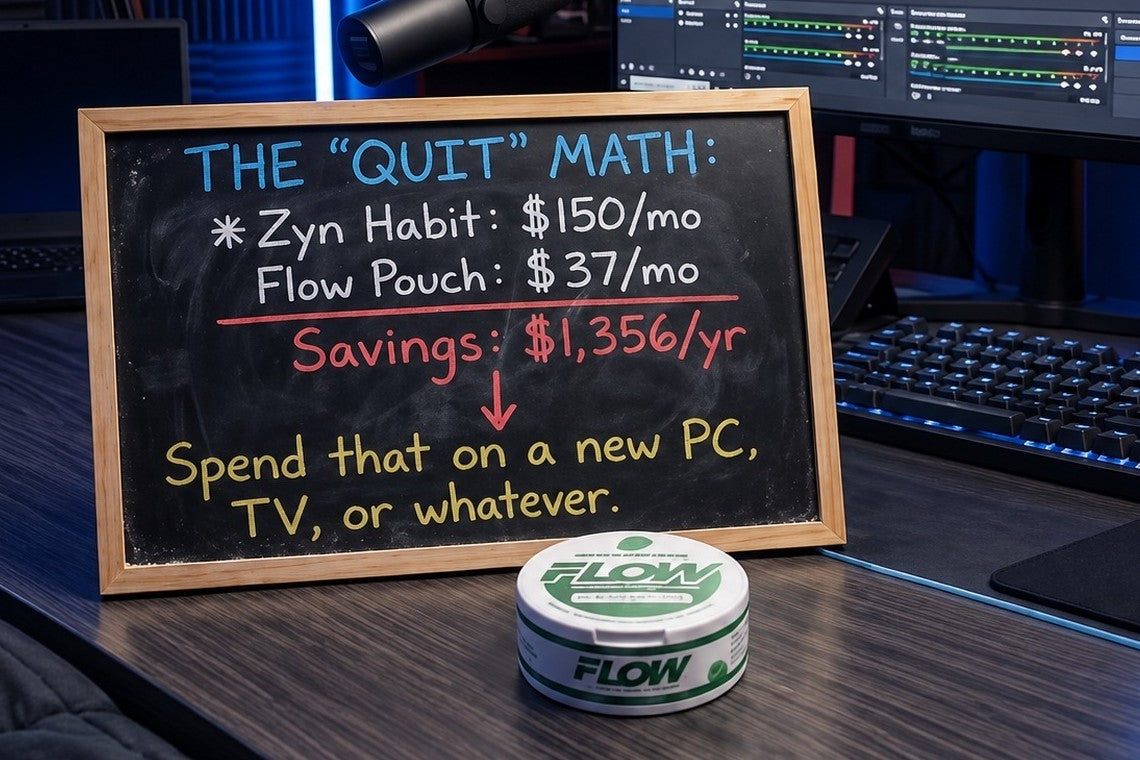 Chalkboard: the quit math, Zyn habit vs FLOW pouch savings