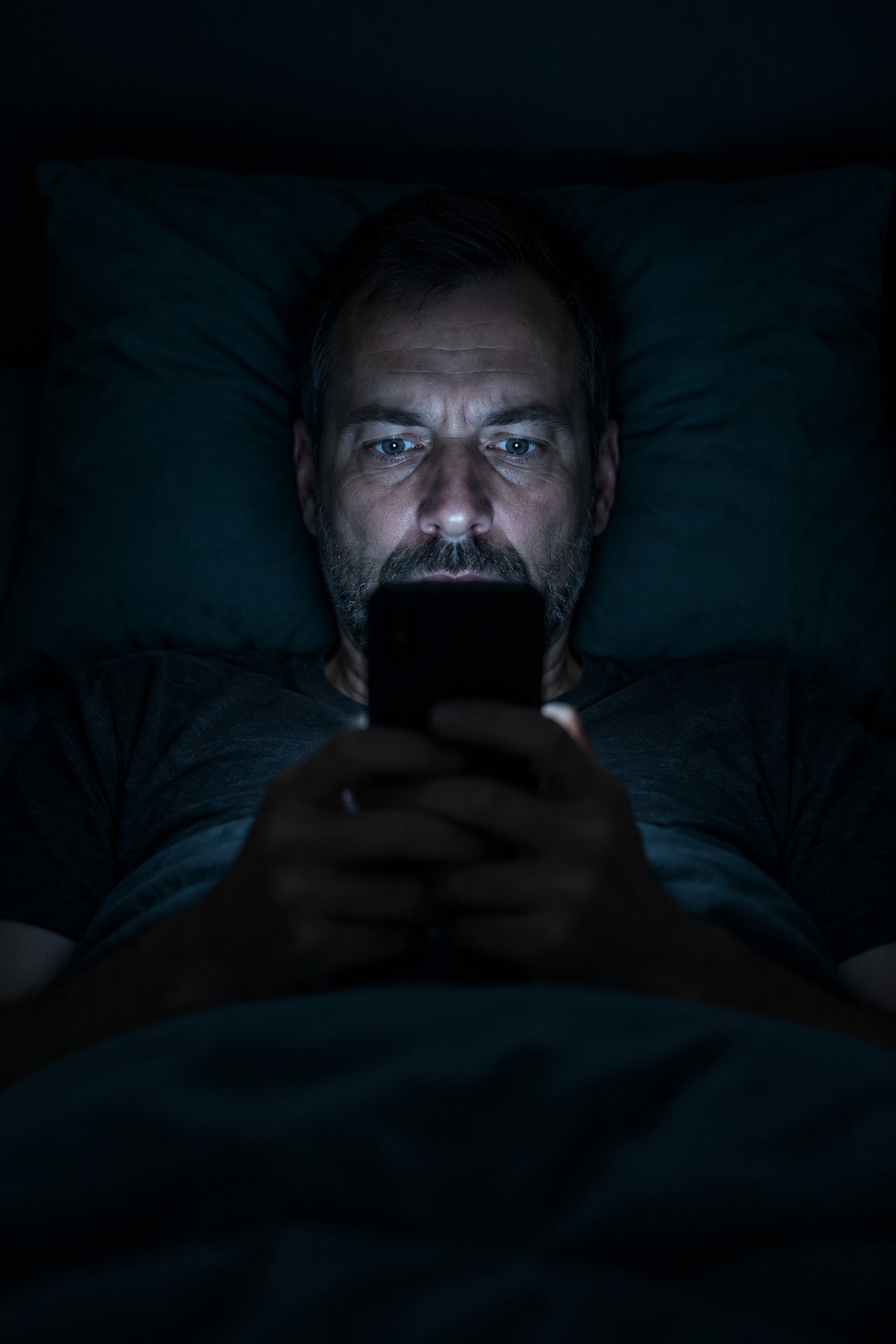 Man lying awake in bed at night, face lit by his phone