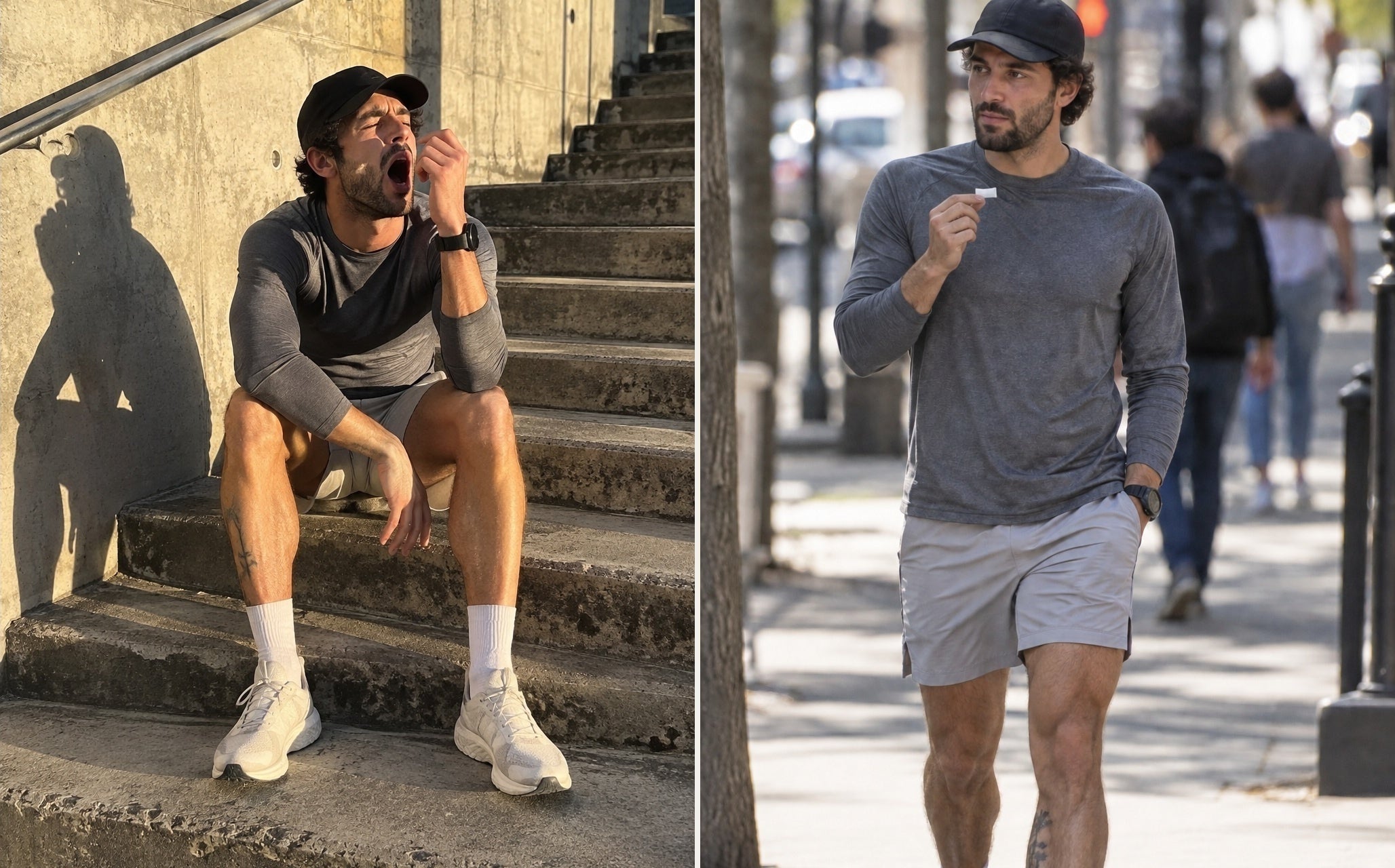 Left: man yawning on concrete steps. Right: same man walking alert, holding a FLOW pouch